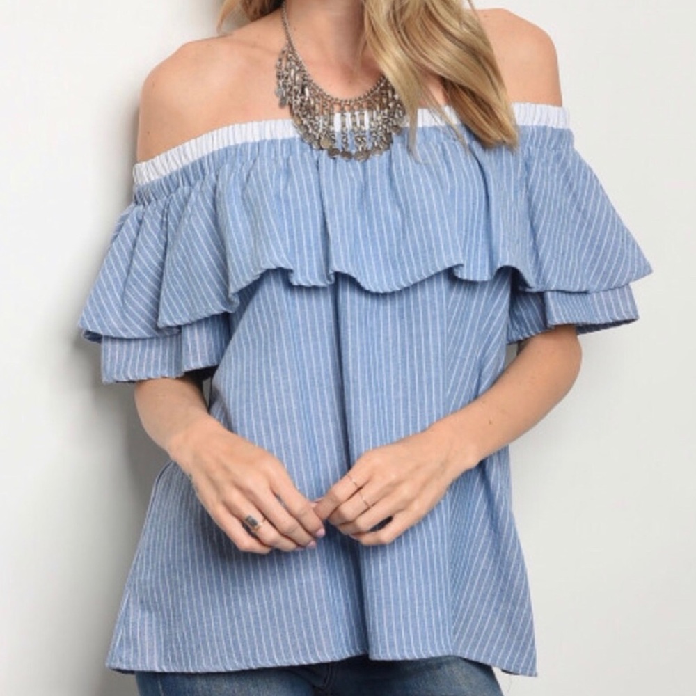 Blue & White Striped Off Shoulder Top
